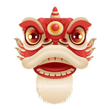 Çin Yeni Yıl Aslan Dansı Kafa. Elinde altınla süslenmiş kırmızı bir pankart var. Şanslı yılların maskotu, Çin Yeni Yılı. Çizgi film vektör çizimi beyaz arkaplanda izole edildi.