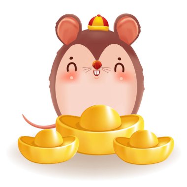 Mutlu Çin Yeni Yılı 2002. Altın taşıyan hayvan karakteri. Beyaz arkaplanda izole edilmiş vektör tasarımı.