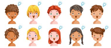 Erkekler ve kızlar düşünme duygularını belirler, farklı milletler farklıdır. Çocuk çeşitliliği. Öğrencilerin başları. Beyaz arkaplanda izole edilmiş vektör illüstrasyonu