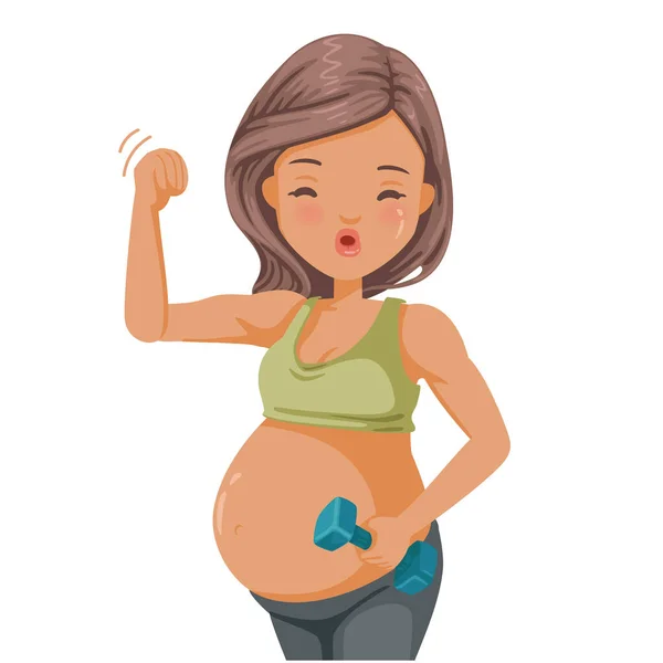 健康的な妊娠 ダンベルで運動する妊婦 美しい妊婦の肖像運動をしています 母親の健康管理の概念 ベクトル漫画のイラスト孤立 — ストックベクタ