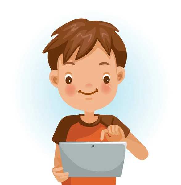 Хлопчик Використовує Планшет Діти Використовують Планшет Технологічні Концепції Навчання Мультфільм — стоковий вектор