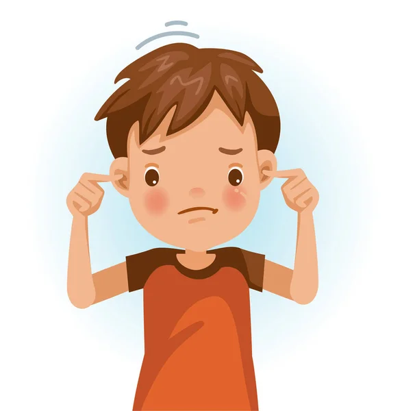 小さな男の子 赤いシャツを聞いていない ジェスチャーをしてる 悪い感情を持つ顔の腫れ 漫画のキャラクターイラスト白地に孤立ベクトル — ストックベクタ