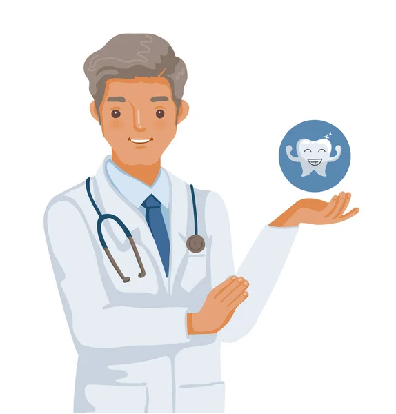 Médico Dentista Pie Sosteniendo Icono Los Dientes Círculo Azul Trabajo — Vector de stock