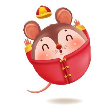 Çizgi film sıçanı kişiliği. Kırmızı Cheongsam elbisesi. 2020 yılının Zodiac sembolü. Çin Yeni Yılı, sıçan yılı. Jestler yapıyor ve gülümsüyor. Şirin Çin tarzı şapka. Vektör