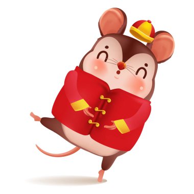 Çizgi film sıçanı kişiliği. Kırmızı Cheongsam elbisesi. 2020 yılının Zodiac sembolü. Çin Yeni Yılı, sıçan yılı. Jestler yapıyor ve gülümsüyor. Şirin Çin tarzı şapka. Vektör