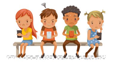 Kızlar ve oğlanlar telefon tutuyorlar. Cep telefonlarıyla çok zaman harcıyorsun. Stres, depresif, agresif. Konsantrasyon, çocuklar için duygular. Sosyal Kabadayı sorunları. Çizgi film vektör illüstrasyonu.