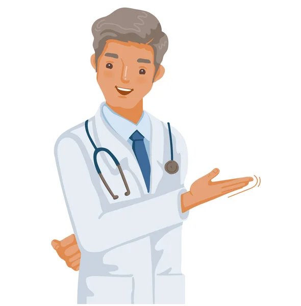 Doctor Sosteniendo Algo Médico Pie Sonríe Con Uniforme Blanco Trabajo — Vector de stock