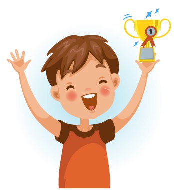 Çocuk kazandı. Pozitif duygular, büyük bir ödülü çok mutlu tutmak. Çizgi film karakteri çizimi beyaz arkaplanda izole edildi