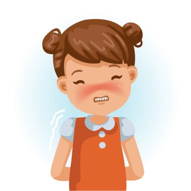 Utangaç küçük kız portresi. Utangaç çocuk gülümseyip dişlerini ısırıyor. Çizgi film karakteri çizimi beyaz arkaplanda izole edildi