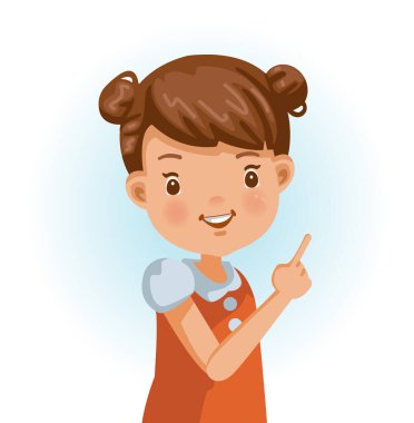 Küçük kız bir şeyi işaret ediyor. Olumlu duygular, gülümseme. Çizgi film karakteri çizimi beyaz arkaplanda izole edildi