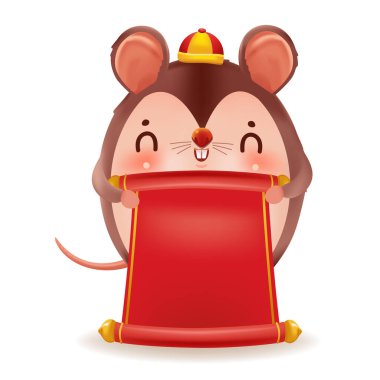 Çizgi film sıçanı kişiliği. Kırmızı Cheongsam elbisesi. 2020 yılının Zodiac sembolü. Çin Yeni Yılı, sıçan yılı. Jestler yapıyor ve gülümsüyor. Şirin Çin tarzı şapka. Vektör