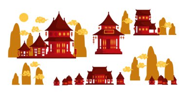 Çin evi. Çin usulü bina inşaatı. Gece için yaratıcı tasarım. Kağıt fenerlerle süsleyin burayı.