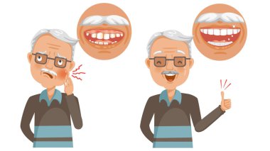 Diş bakımı yaşlılarının diyagramları sağlıklı dişler ve oral sorunların tam tersidir. Beyaz arkaplanda izole edilmiş vektör illüstrasyonu