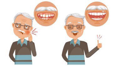 Diş bakımı yaşlılarının diyagramları sağlıklı dişler ve oral sorunların tam tersidir. Beyaz arkaplanda izole edilmiş vektör illüstrasyonu