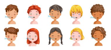 Erkekler ve kızlar duygular kurar, hisler uykulu olur, çocuğun yüzü olur. Farklı milletler farklıdır. Çocuk çeşitliliği. Kadın ve erkek başları. Öğrencilerin vektörü. Çizgi film çizimi izole edildi. 