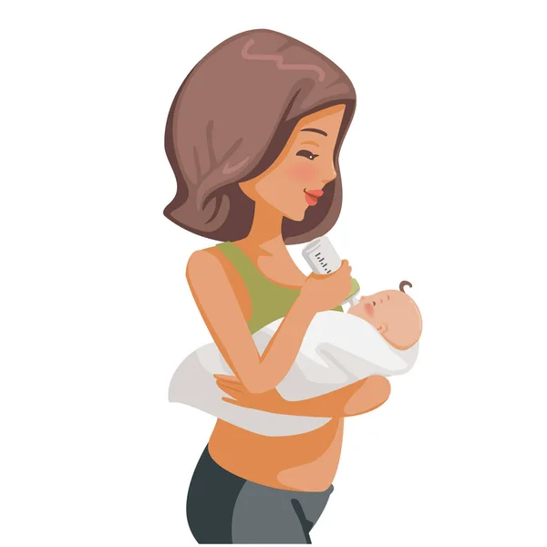 Baby Breastfeeding Baby Drinking Milk Mom Feeding Baby Food Vector — Stock Vector