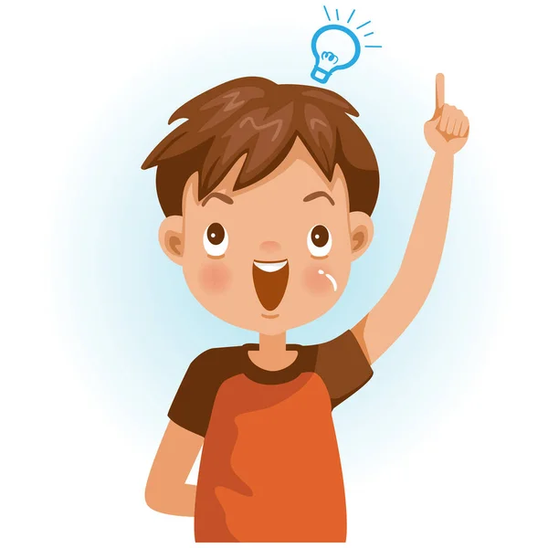 少年の成功 頭のいい子供が何かを指差してる 肯定的な感情 白地に隔離された漫画キャラクターベクトルイラスト — ストックベクタ