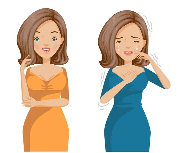 Mulheres Contrastam Com Humor Mídia Sorrindo Emoções Positivas Emoções Negativas — Vetor de Stock