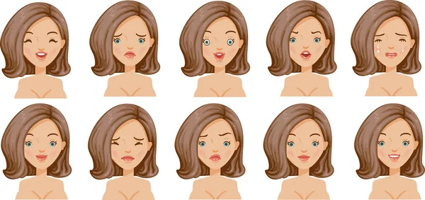 Emotional Woman Set Different Female Faces Vector Illustration Isolated White — Stock Vector