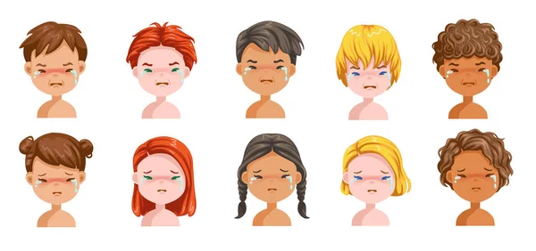 Chłopcy Dziewczęta Ustawiają Płacz Emocji Uczucie Smutku Twarz Dziecka Różne — Wektor stockowy