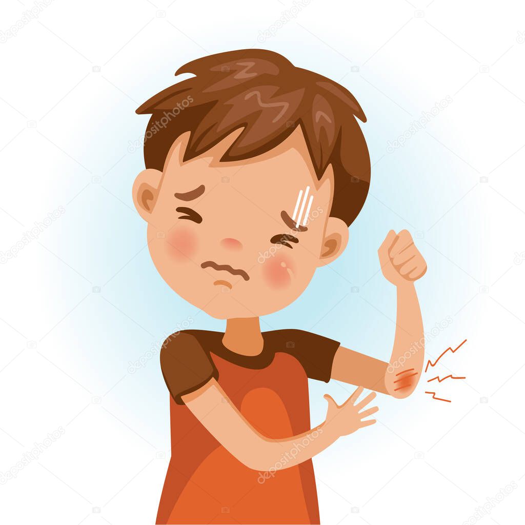 Niño Herido Codo Siente Dolor Herida Dibujos Animados Carácter Vector