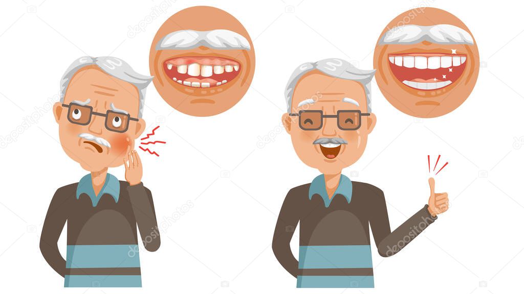 Dental Care Elderly different diagrams The opposite of healthy teeth and oral problems. Vector illustration isolated on a white background