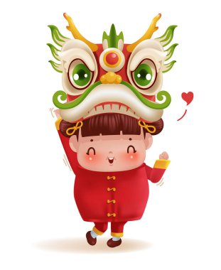 Küçük kız ve ejderha dans kafaları. Kırmızı Cheongsam elbiseli çocuk kişiliği. Geleneksel şirin. Çin Yeni Yılı. Çizgi film vektör çizimi beyaz arkaplanda izole edildi.