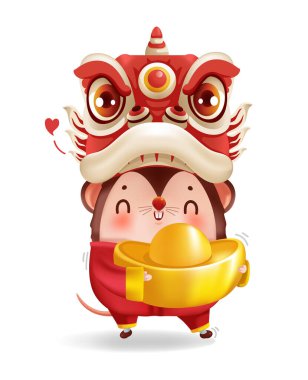 Çin Yeni Yılı. 2020, 2032 için tebrik kartları. Fare yılı. Çizgi film faresi. Altın kalsın.