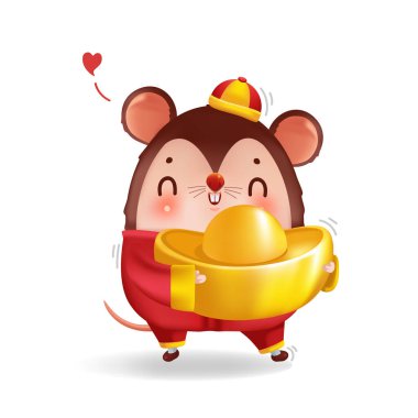 Çin Yeni Yılı. 2020, 2032 için tebrik kartları. Fare yılı. Çizgi film faresi. Altın kalsın.