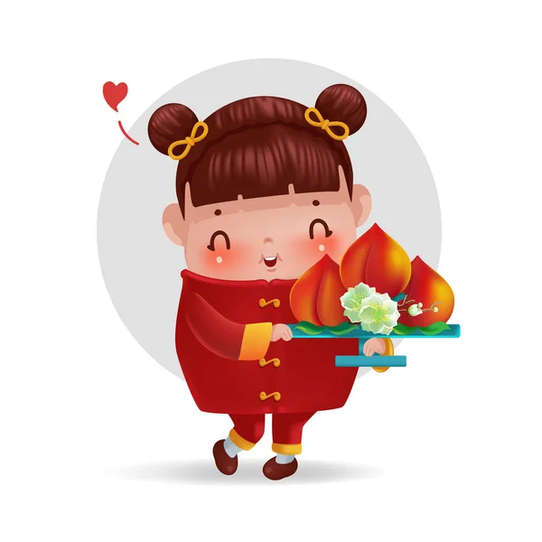 여자야 복숭아를 축제와 중국의 새해를 캐릭터 디자인 경의를 십시오 일러스트는 — 스톡 벡터