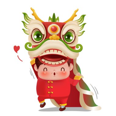 Çin Yeni Yılı. Geleneksel havai fişekli tebrik kartı. Asya madalyası. Çocuk kişiliği. Kırmızı Cheongsam elbiseli kız ve oğlan. Mutlu Yıllar Çeviri: