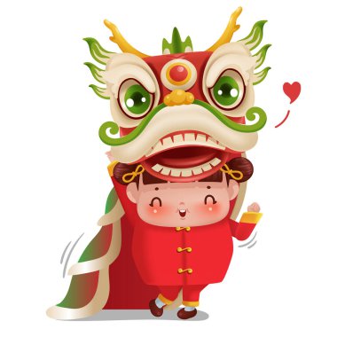 Çin Yeni Yılı. Geleneksel havai fişekli tebrik kartı. Asya madalyası. Çocuk kişiliği. Kırmızı Cheongsam elbiseli kız ve oğlan. Mutlu Yıllar Çeviri: