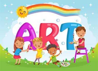 Arkadaşları ve sanat mektupları olan çocuklar. Şekiller ve çocuk çizgi film karakterlerinin dizaynı. Gökyüzünün, güneşin ve bulutların arasındaki gökkuşağının arka planında izole edilmiş Vektör İllüzyonu