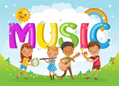 Arkadaşları ve müzik mektupları olan çocuklar. Şekiller ve çocuk çizgi film karakterlerinin dizaynı. Gökyüzünün, güneşin ve bulutların arasındaki gökkuşağının arka planında izole edilmiş Vektör İllüzyonu