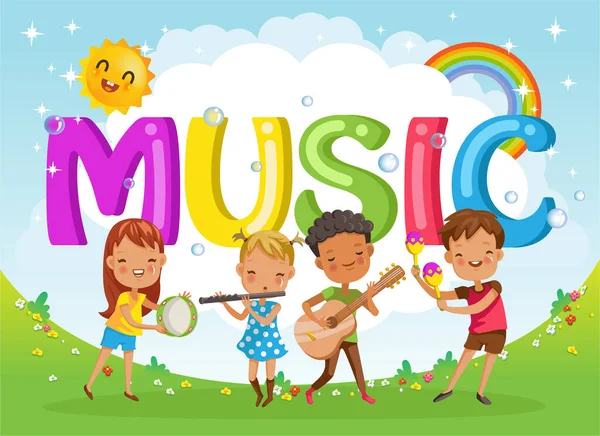 Παιδιά Φίλους Και Μουσικά Γράμματα Σχεδιασμός Φιγούρων Και Παιδικών Χαρακτήρων — Διανυσματικό Αρχείο
