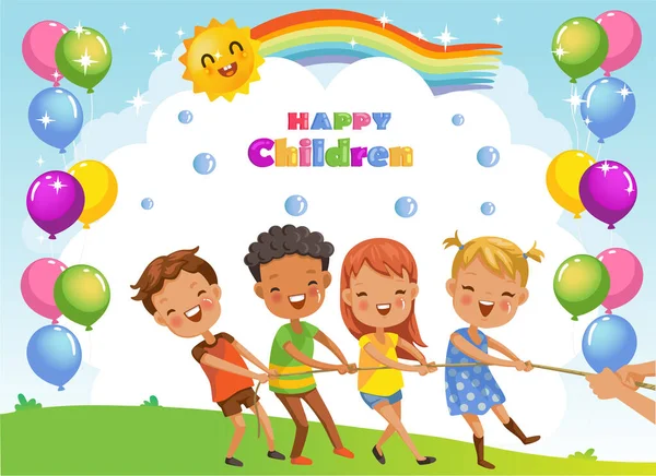 Glückliche Kinder Kinder Hüpfen Und Lachen Fröhlich Miteinander Feiern Von — Stockvektor
