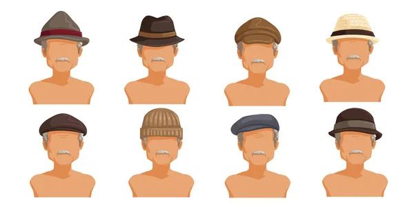 高齢者の帽子セット 男の頭のコレクション ユージックは髪の毛のスタイルの異なる男性です ファッションの多様性と異なる種類 ベクターイラスト — ストックベクタ
