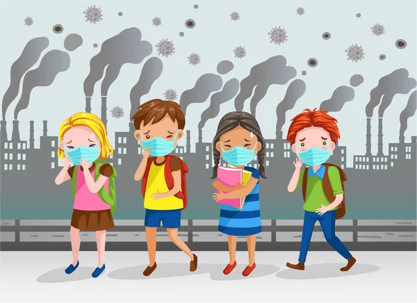 Chłopcy Dziewczęta Maskach Studenci Maskach Pyłu Przemysłowa Ochrona Przed Smogiem Ilustracja Stockowa