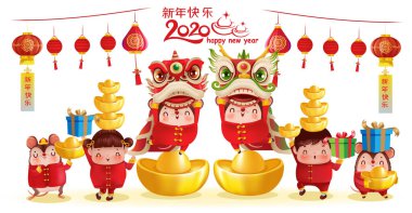 Mutlu Çin yılbaşı tebrik kartları 2020. Çevirisi: Altın Fare Yılı, Mutlu Yıllar. Tasarım nesneleri, kalıplar, karakterler ve logolar. Kırmızı arkaplandan resimli vektör karikatürü.