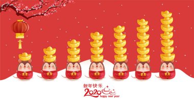 Mutlu Çin yılbaşı tebrik kartları 2020. Çevirisi: Altın Fare Yılı, Mutlu Yıllar. Tasarım nesneleri, kalıplar, karakterler ve logolar. Kırmızı arkaplandan resimli vektör karikatürü.