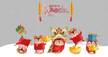 Mutlu Çin yılbaşı tebrik kartları 2020. Çevirisi: Altın Fare Yılı, Mutlu Yıllar. Tasarım nesneleri, kalıplar, karakterler ve logolar. Kırmızı arkaplandan resimli vektör karikatürü.