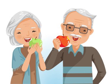 Birlikte yemek yiyen yaşlı bir çift. Onlar elma yiyorlar. Gülümseyen diş sağlığı. Sağlıklı gıda konsepti ve yaşlılar. Büyükanne ve büyükbabanın portresi. Vektör çizimleri izole edildi.