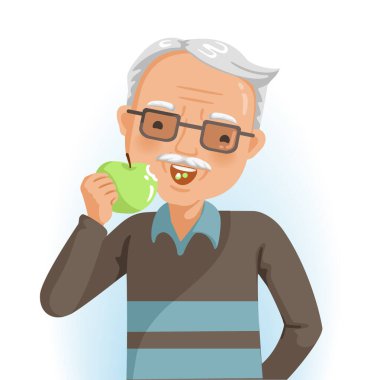 Yaşlı adam yemek yiyor. O, elma yiyor. Gülümseyen diş sağlığı. Sağlıklı gıda konsepti ve yaşlılar. Yakışıklı büyükbabanın portresi. Vektör illüstrasyonu izole edilmiş beyaz arkaplan.