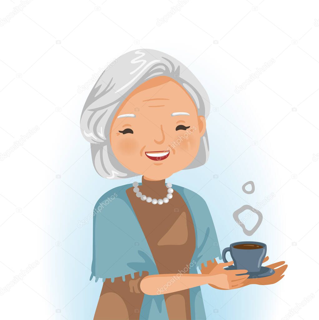 Elderly woman drinking. She is holding a glass of hot drink. Smiling senior. Portrait of beautiful grandmother in emotion relaxing. Business concept after retirement. Vector illustration isolated.