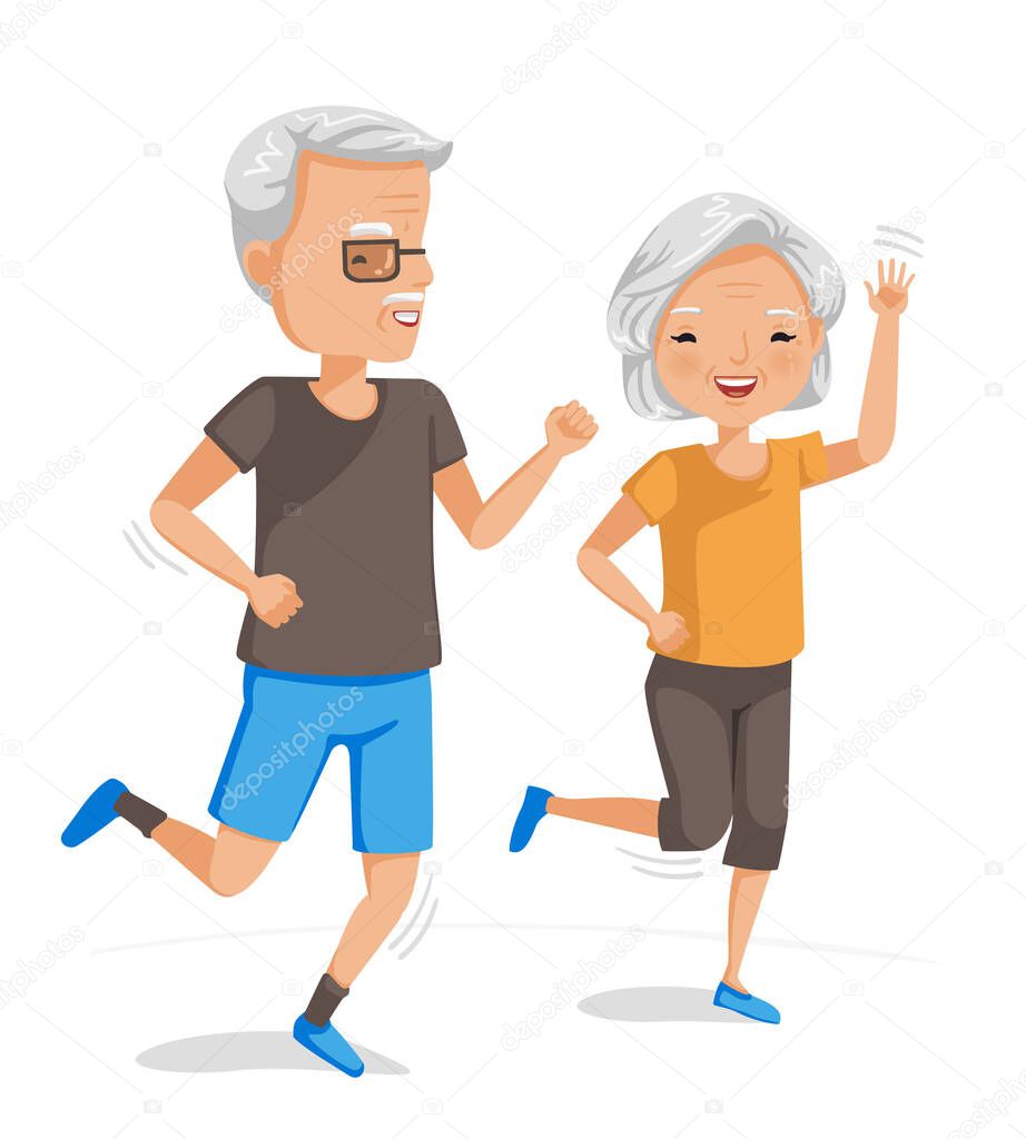 Couple elderly running together. Exercise of senior. Portrait of handsome and beautiful grandmother and grandfather doing health care activities. Vector illustrations isolated on white background.