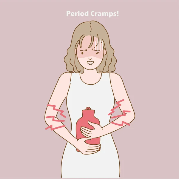 Női Menstruációs Fájdalom Fájdalmas Menstruáció Menstruáció Nőnek Gyomorgörcsei Vannak Forró — Stock Vector