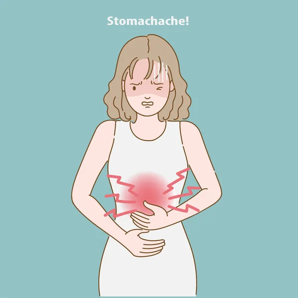 Women Stomachache Suffers Stomachache Eating Feels Discomfort Belly Has Disorder — Stock Vector