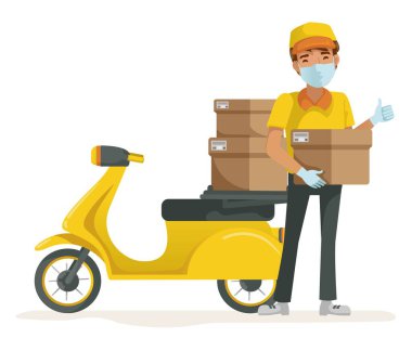 Teslimatçı vektör ayarlandı. Kutu ya da ürün taşıyan bir adam. Tam duruş ve duruş ve tutuş ya da işaret. Teslimatçı izole edildi. 