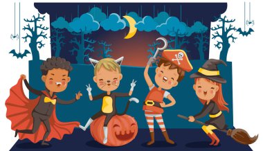 Cadılar Bayramı kostümlü çocuklar. Küçük mumya çocuk. Küçük cadı. Korsan çocuk. Drakula Çocuk. Çocuk cadılar bayramı karakteri çizgi filmi. Cadılar bayramı festivali için tasarım. Vektör çizimi izole edildi. 