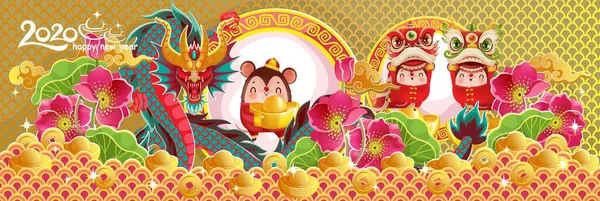 Tarjeta Geeting China Año Nuevo 2020 Año Rata Marco Patrón — Archivo Imágenes Vectoriales